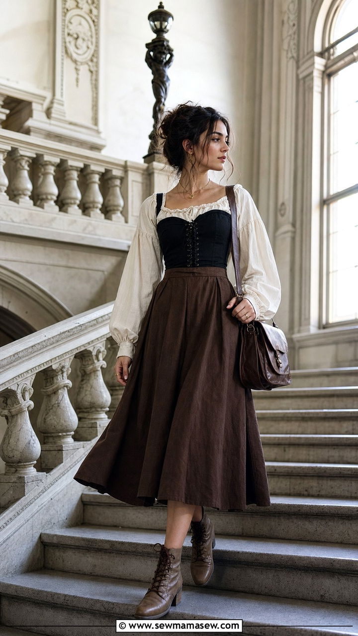 Peasant Blouse with Corset Top and Midi Skirt - 25 cute dark academia outfits