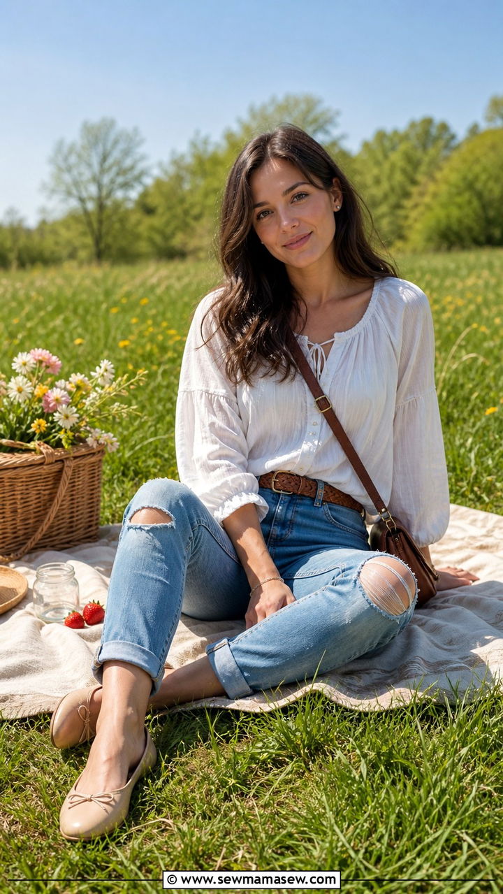 Peasant Blouse with Distressed Jeans and Ballet Flats Spring Picnic Outfit - 40 Spring picnic outfits