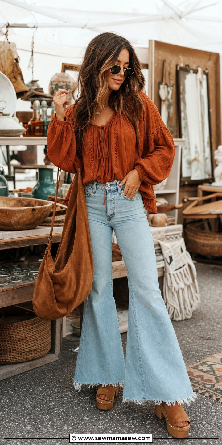 Peasant Blouse with Flare Jeans and Platform Clogs - 35 Boho summer outfit ideas 2026