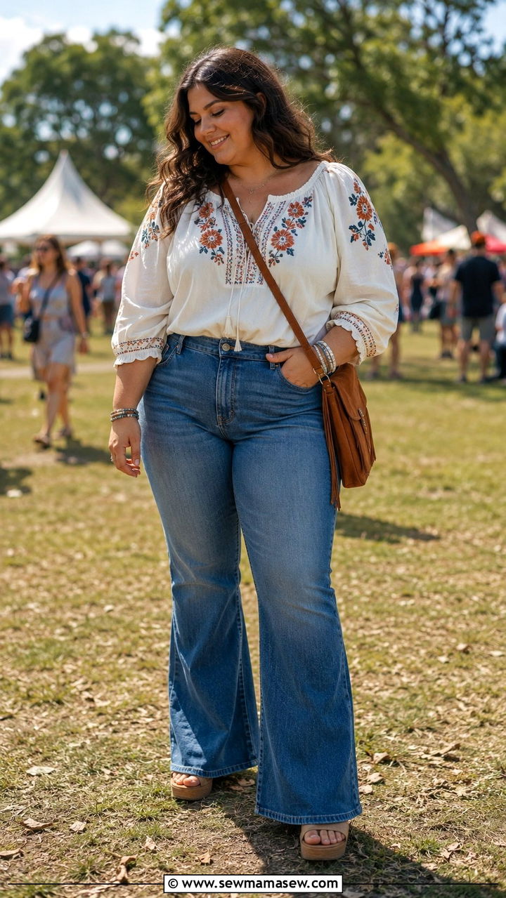 Peasant Blouse with Flared Jeans - 30 spring plus size outfit ideas