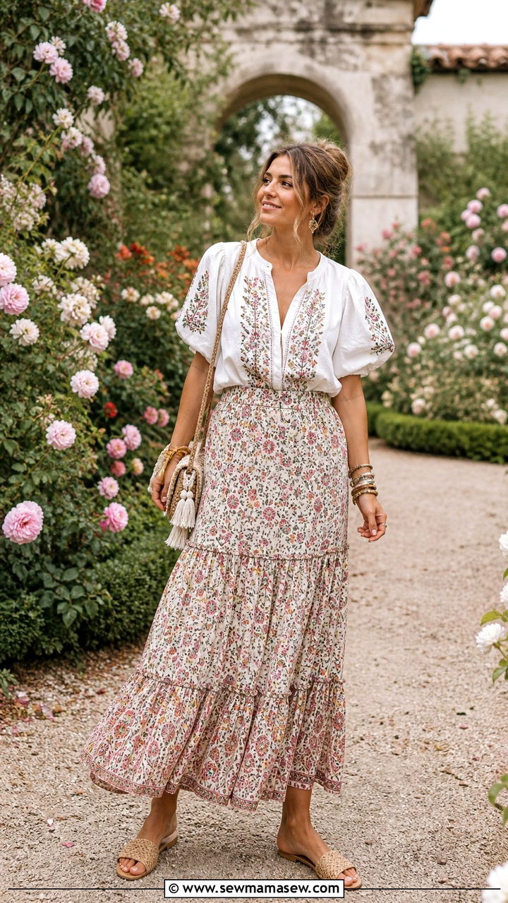 Peasant Blouse with Flowy Maxi Skirt - 40 Spring garden party outfits