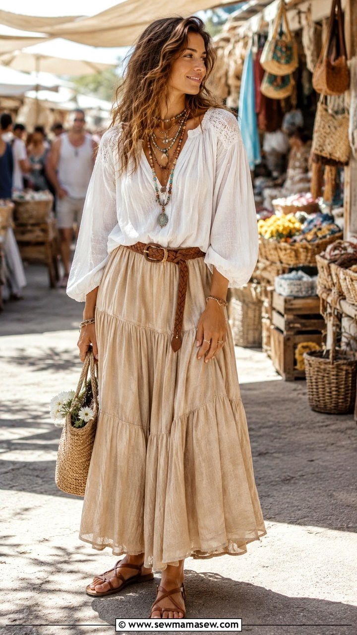 Peasant Blouse with Tiered Maxi Skirt - 30 classy boho chic outfit ideas