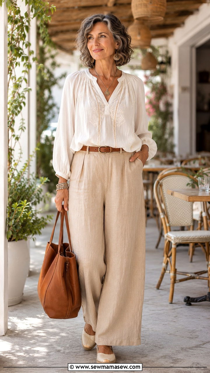 Peasant Blouse with Wide Leg Linen Pants - 30 Boho outfit ideas for women over 50