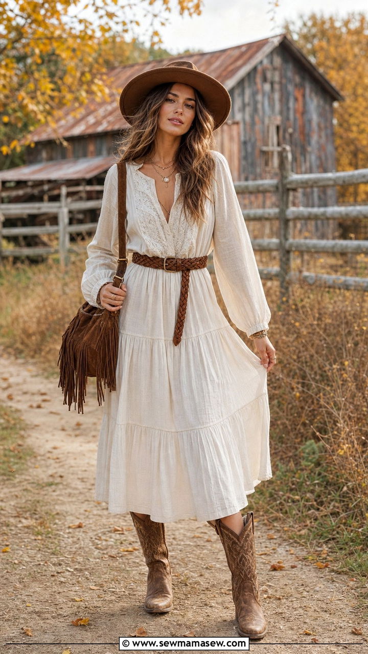 Peasant Dress with Cowboy Boots and Wide Brim Hat - 35 casual boho outfits