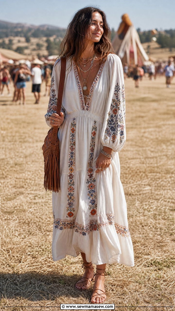 Peasant Sleeve Maxi Dress And Ankle Wrap Sandals - 30 Maxi dress with sleeves outfit ideas
