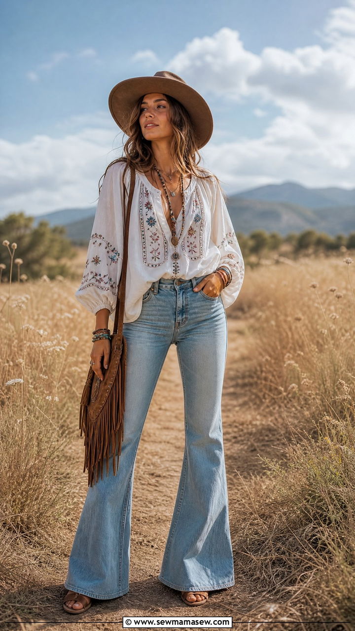 Peasant Top With Flare Jeans Boho Look - 30 Summer outfits with flare jeans