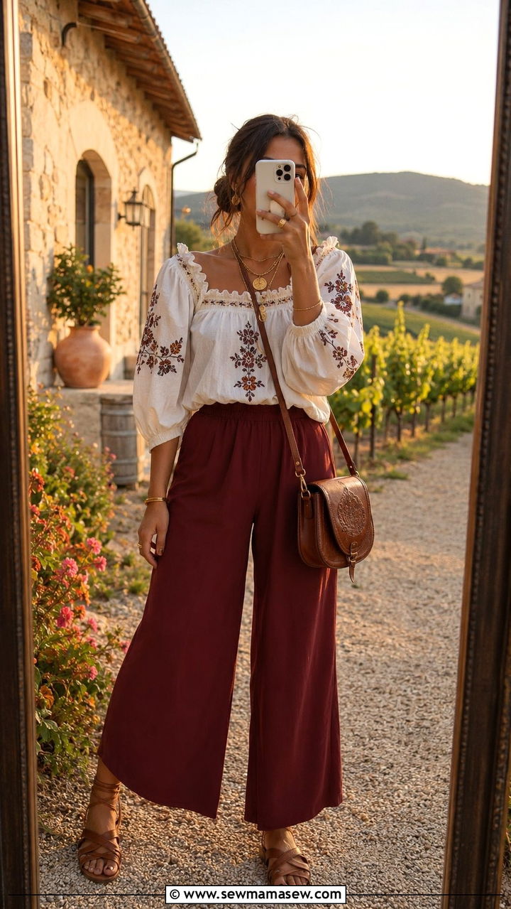 Peasant Top and Wide Leg Pants Italy Outfit - 30 Italy outfits ideas