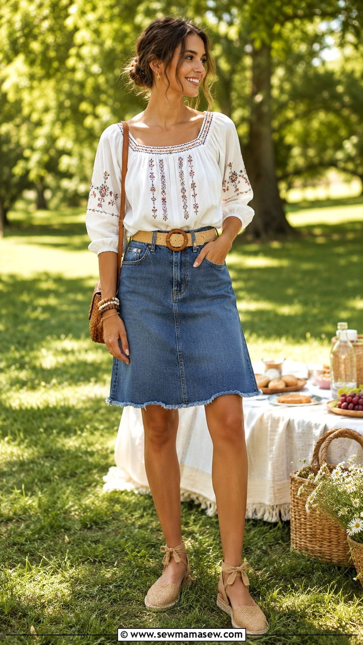 Peasant Top with A Line Denim Skirt Outfit - 30 Boho outfit ideas for women over 40