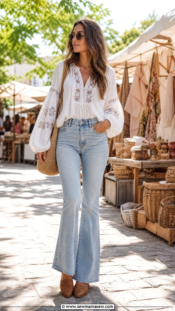 Peasant blouse and flare jeans with woven loafers - 30 Flare jeans outfit ideas with loafers