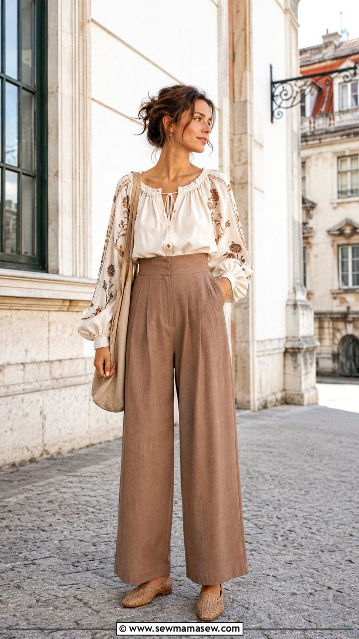 Peasant blouse and high waisted trousers - 30 spring cottagecore outfit ideas