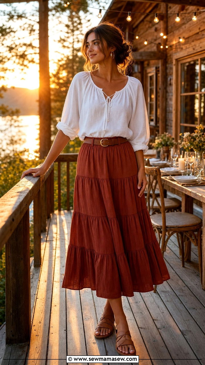 Peasant blouse with a tiered midi skirt and flat sandals - 25 Summer cabin outfits