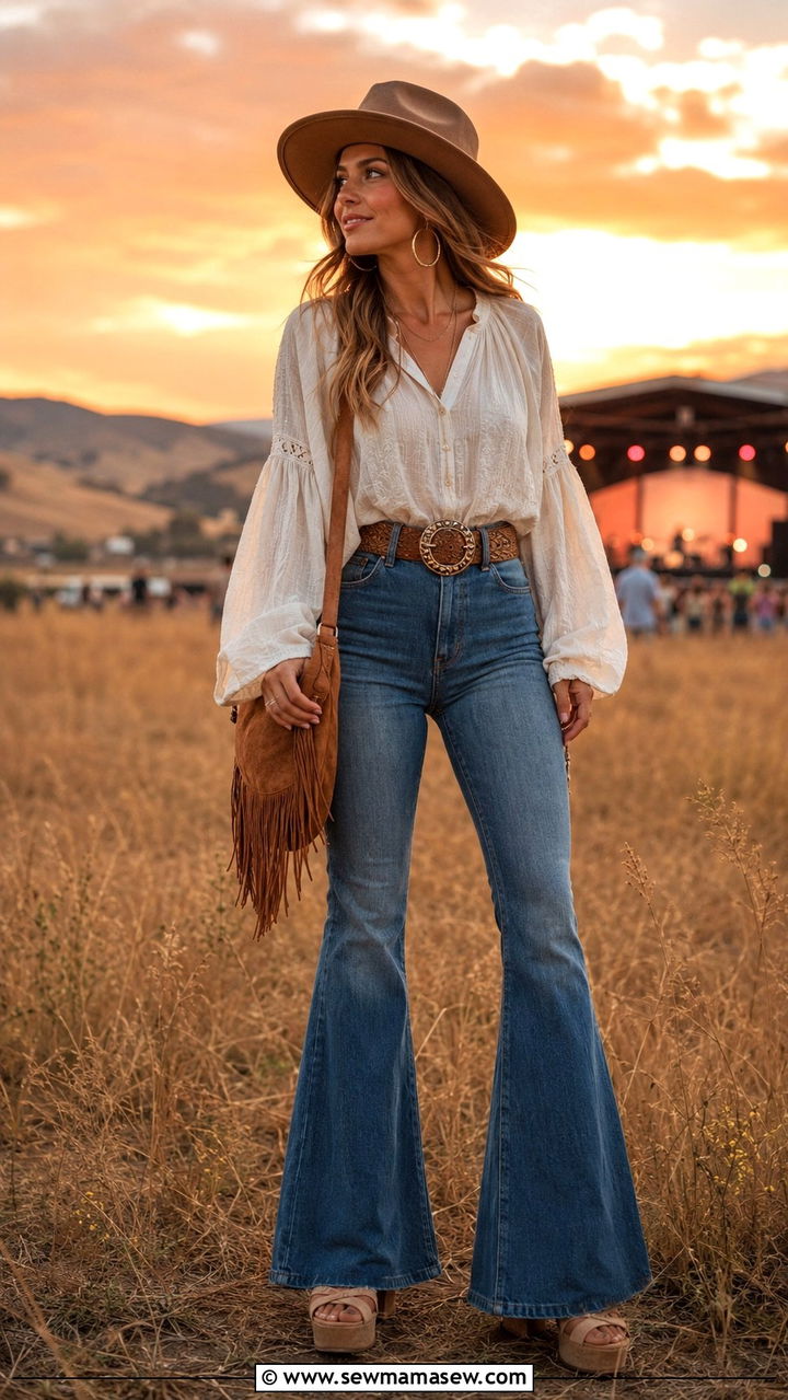 Peasant blouse with flared jeans and fringed bag - 25 Boho outfit ideas with jeans