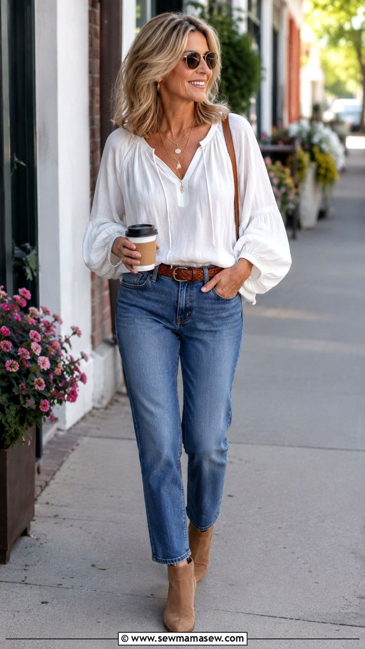 Peasant blouse with straight leg jeans - 30 Boho outfits for women over 50
