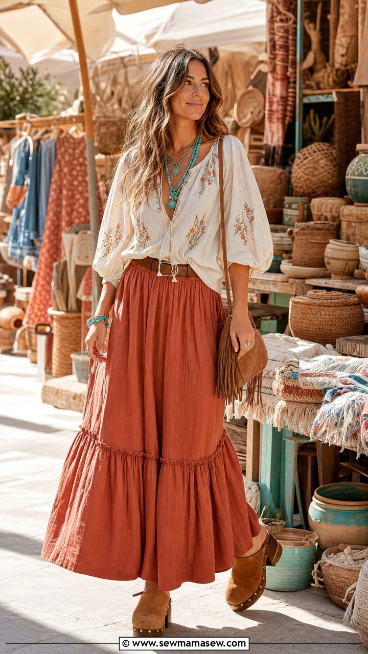 Peasant blouse with tiered maxi skirt and suede clogs - 25 Spring outfits for 30 year old woman