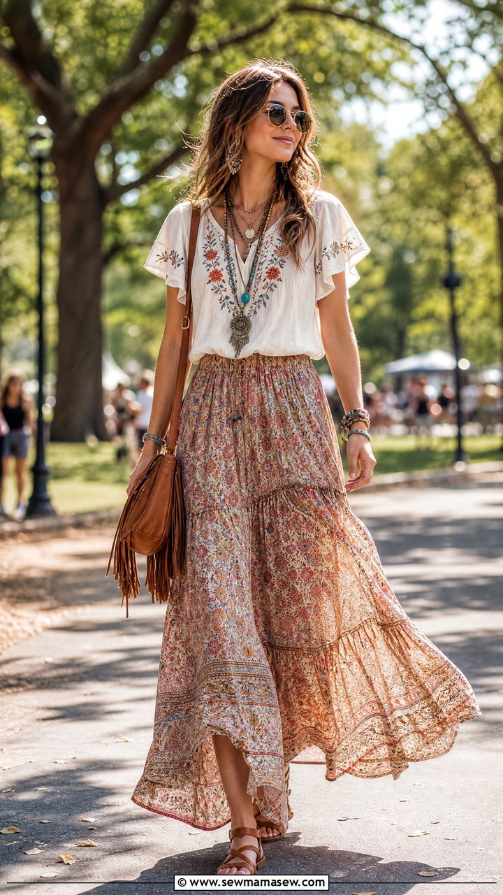Peasant top with boho maxi skirt - 35 maxi skirt outfits for women