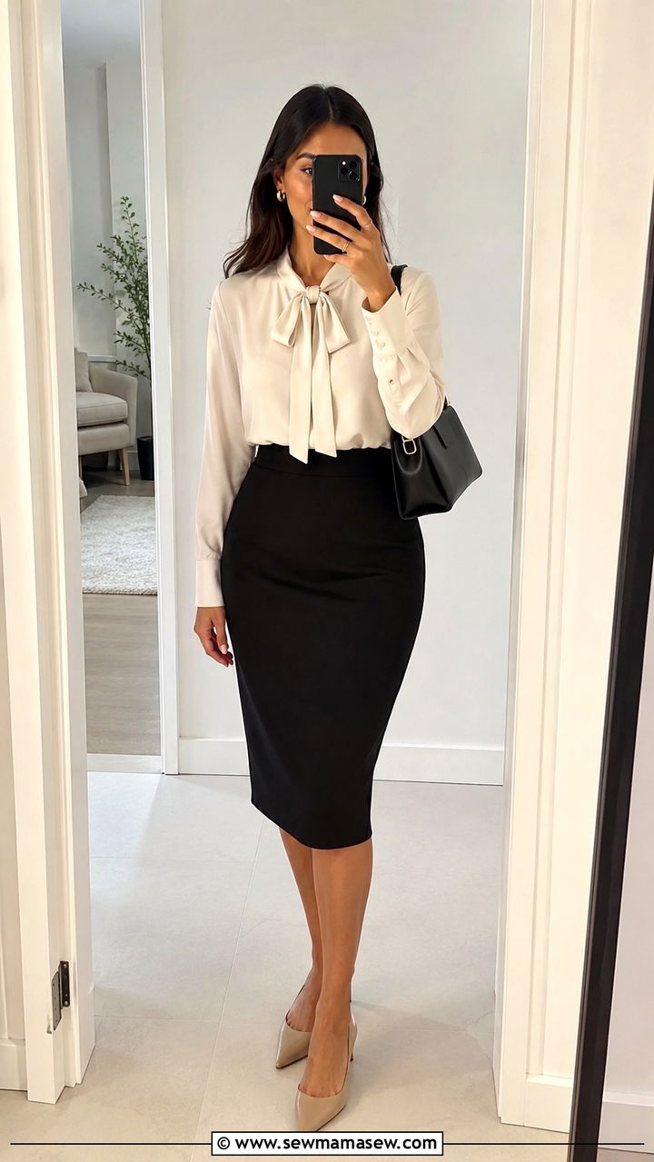 Pencil Skirt And Tucked In Blouse Outfit - 25 Mid century outfit ideas