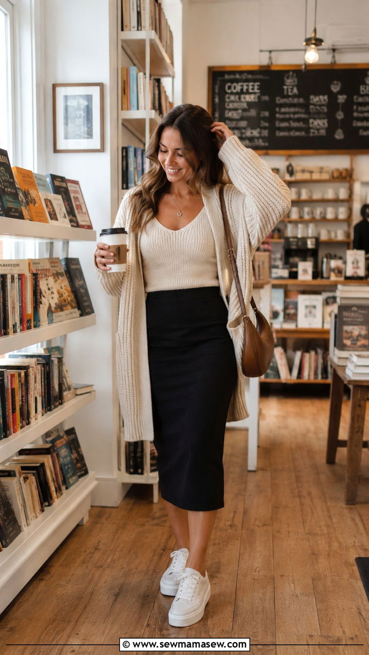 Pencil Skirt With Cozy Cardigan And Platform Sneakers - 30 Pencil skirt outfit ideas with sneakers
