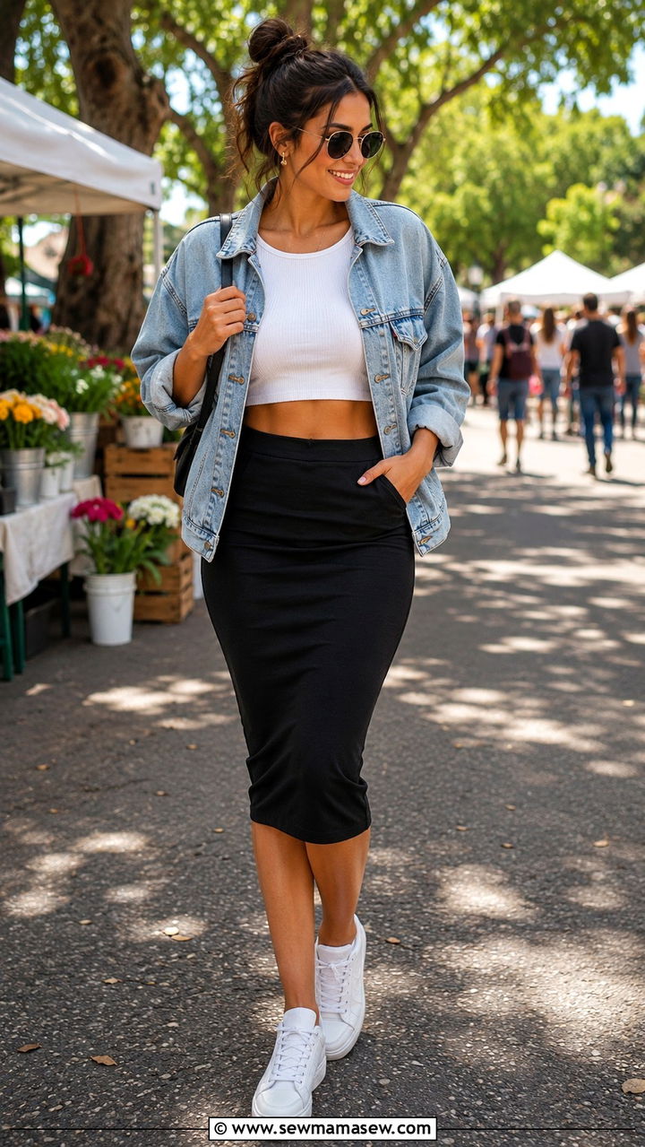 Pencil Skirt With Crop Top And Denim Jacket - 30 Pencil skirt outfit ideas with a crop top