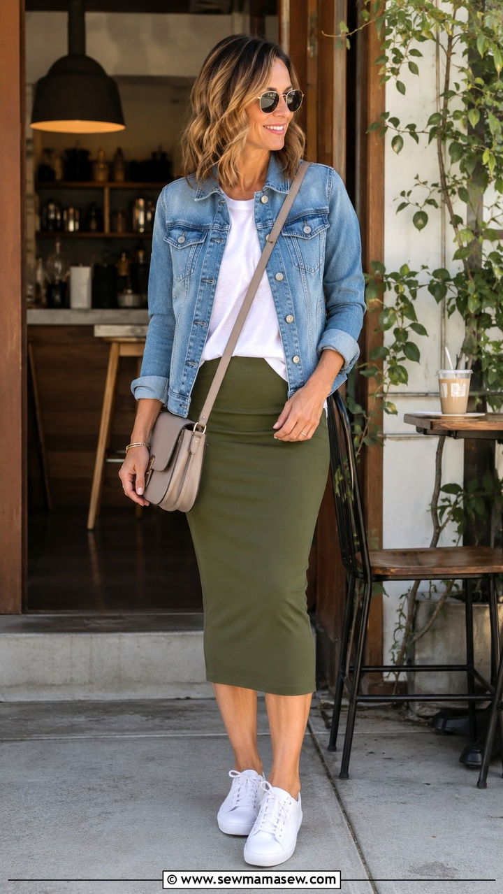 Pencil Skirt With Denim Jacket and White Sneakers - 25 pencil skirt outfits for women over 40