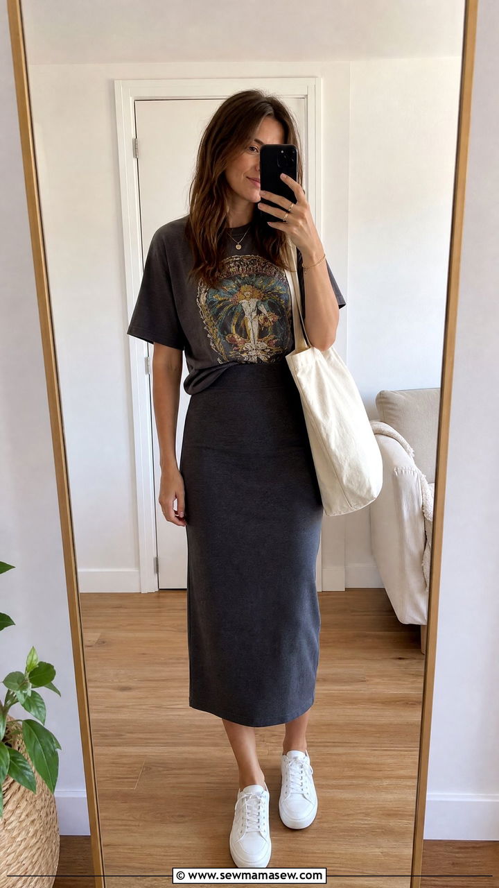 Pencil Skirt With Graphic Tee and Sneakers Outfit - 25 spring pencil skirt outfit ideas