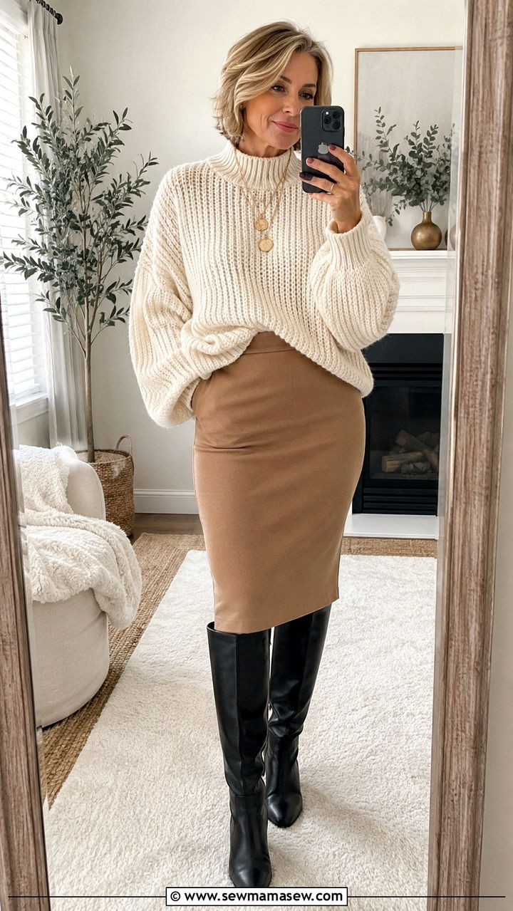 Pencil Skirt With Oversized Sweater and Knee High Boots - 25 pencil skirt outfits for women over 40