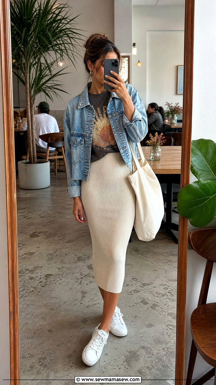 Pencil Skirt With Relaxed Graphic Tee - 25 Brunch outfit ideas with a skirt