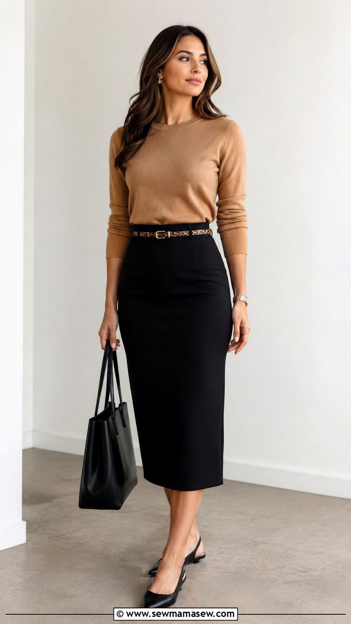 Pencil Skirt With a Fine Knit Sweater and Slingback Flats - 30 business casual outfits 2026