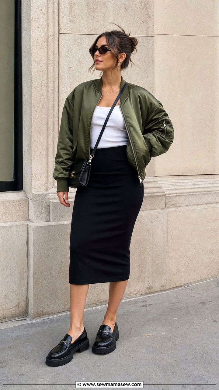 Pencil Skirt with Bomber Jacket Outfit - 25 How to style a pencil skirt