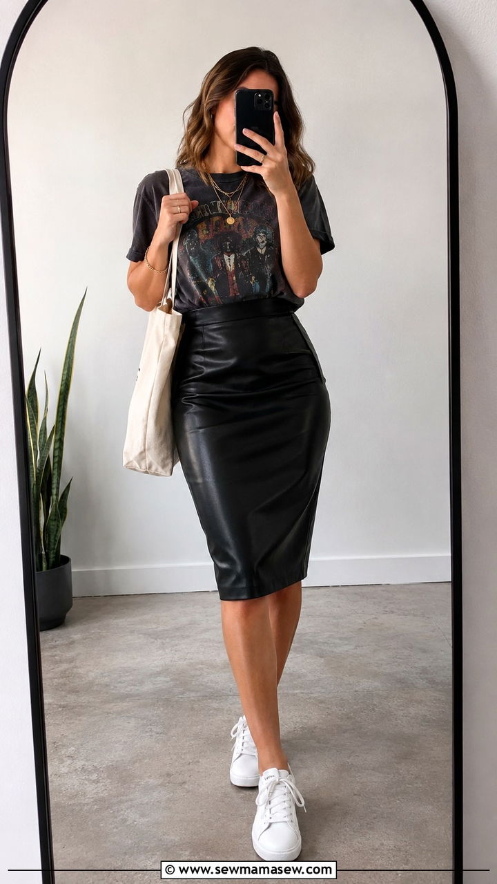 Pencil Skirt with Graphic T Shirt and Sneakers - 30 how to style pencil skirt