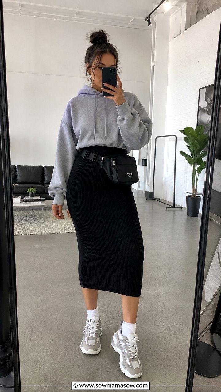 Pencil Skirt with Hoodie and Sneakers - 30 how to style pencil skirt