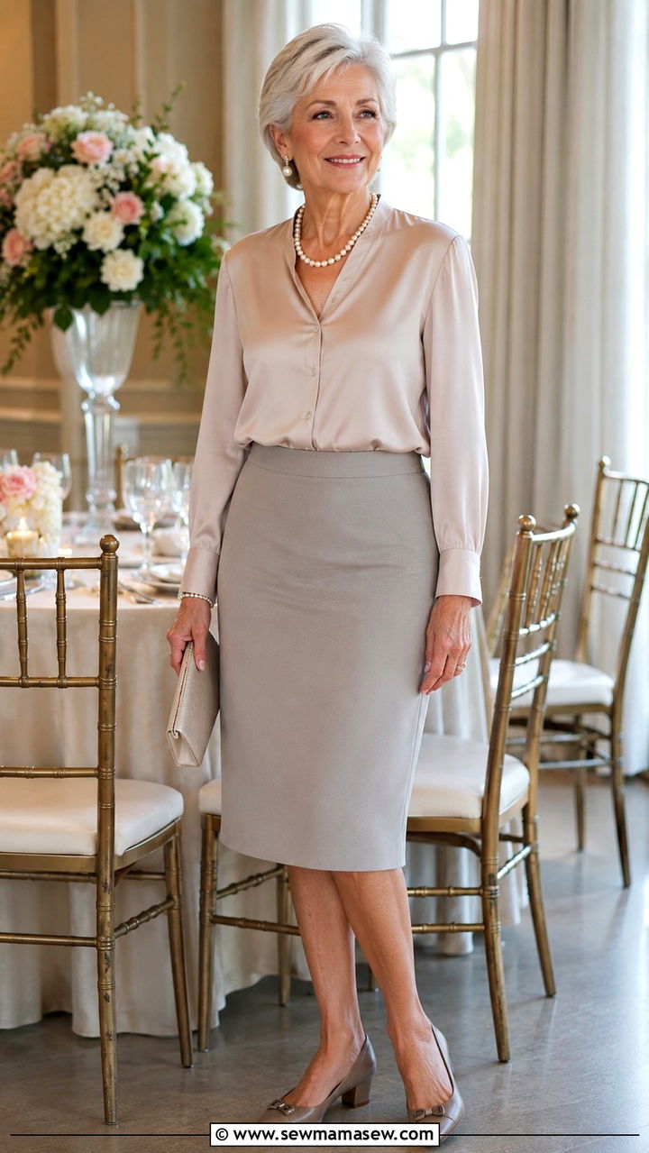 Pencil Skirt with Silk Blouse and Pearl Necklace - 25 Modest outfit ideas for women over 60