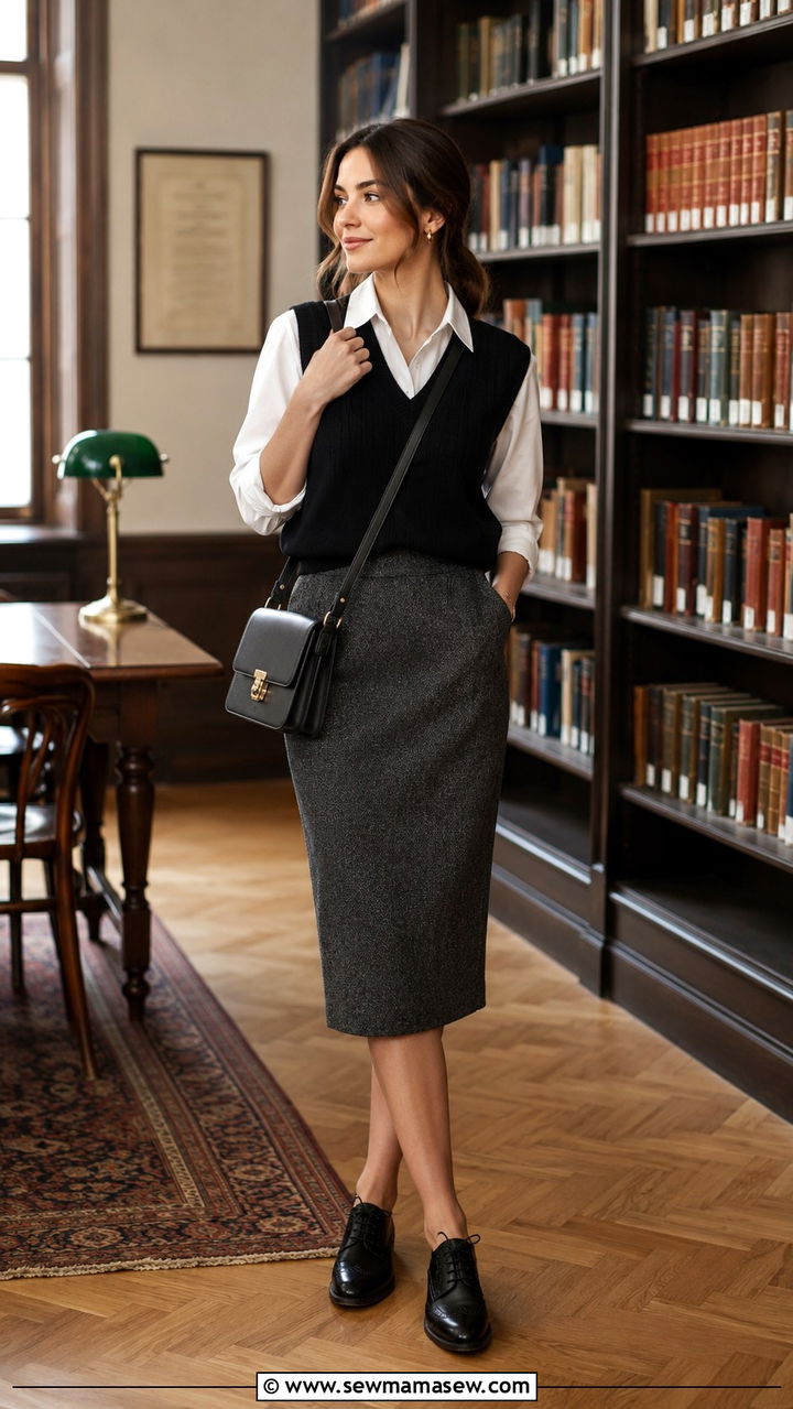 Pencil Skirt with Sweater Vest and Brogues - 30 how to style pencil skirt