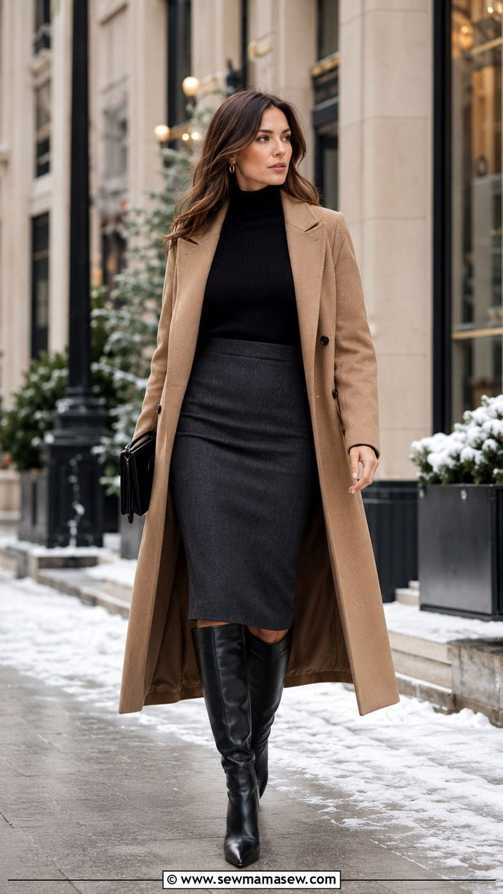 Pencil Skirt with Turtleneck and Knee High Boots - 30 how to style pencil skirt