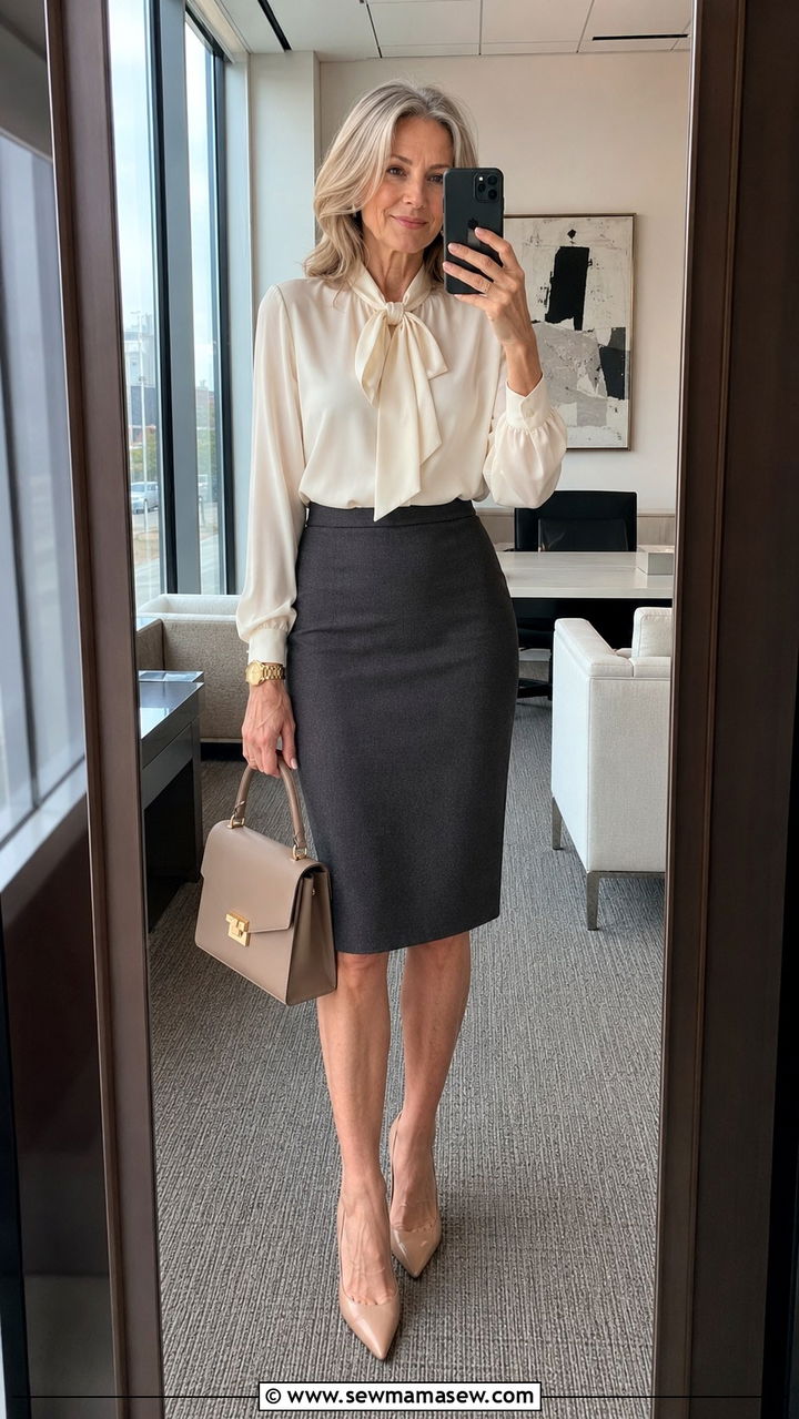 Pencil skirt with a silk blouse and heeled pumps for tall women over 50 - 30 Tall outfits for women over 50