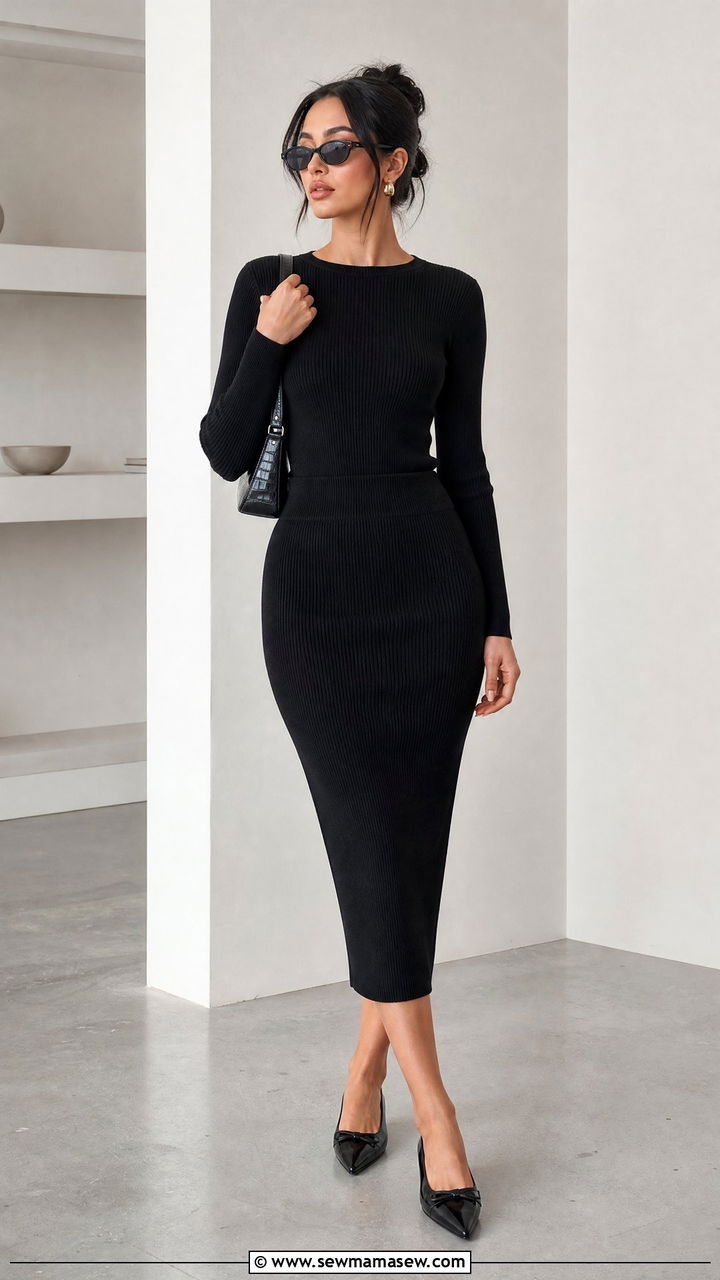 Pencil skirt with long sleeve top and ballet flats - 25 French girl outfit ideas with ballet flats