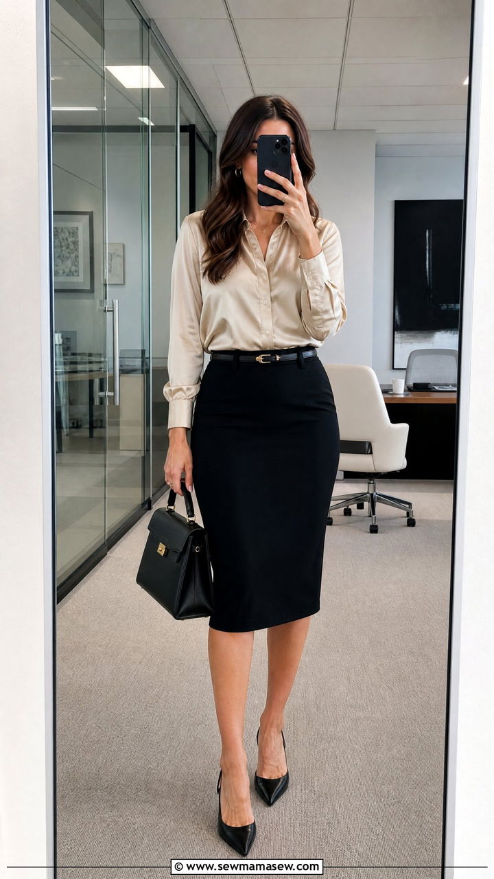 Pencil skirt with silk blouse work look - 30 Stylish office outfit ideas