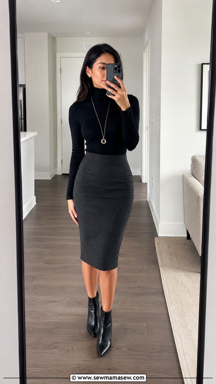 Pencil skirt with turtleneck and ankle boots outfit - 30 Pencil skirt outfit ideas for work