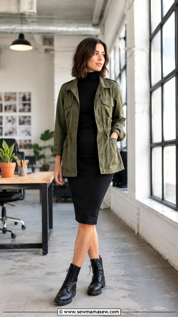 Pencil skirt with utility jacket and combat boots outfit - 30 Pencil skirt outfit ideas for work
