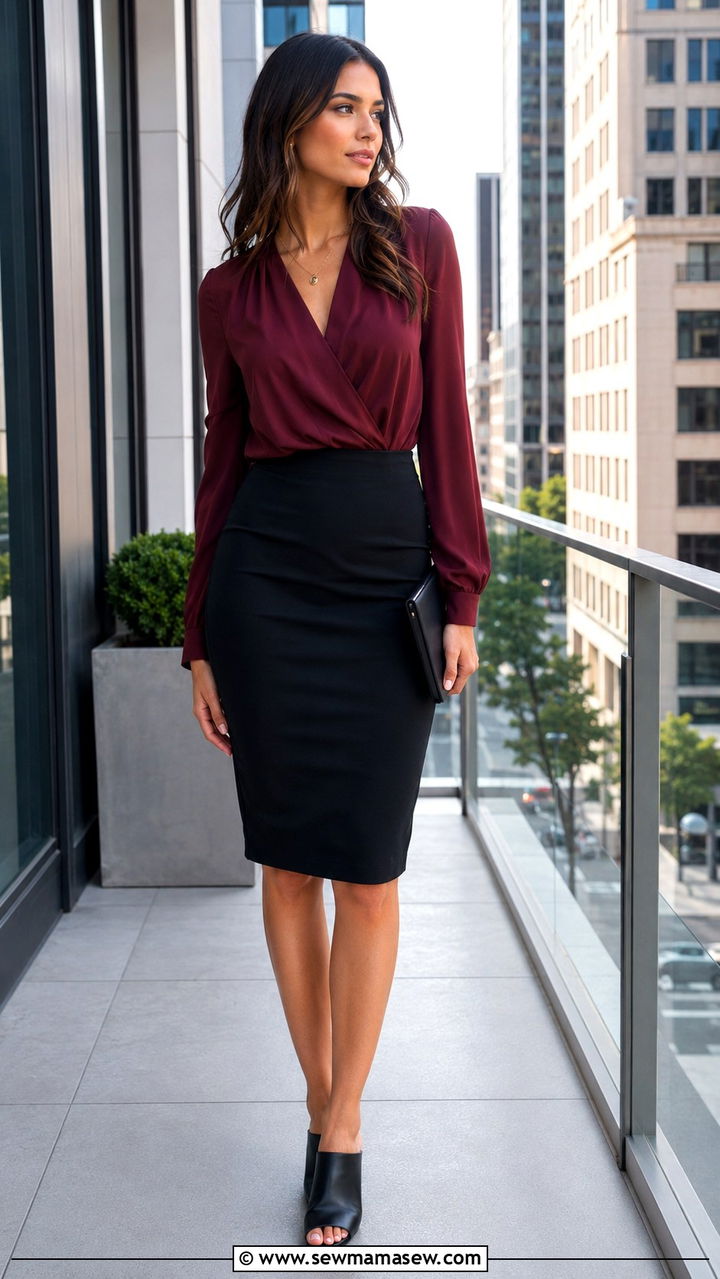 Pencil skirt with wrap top and mules outfit - 30 Pencil skirt outfit ideas for work