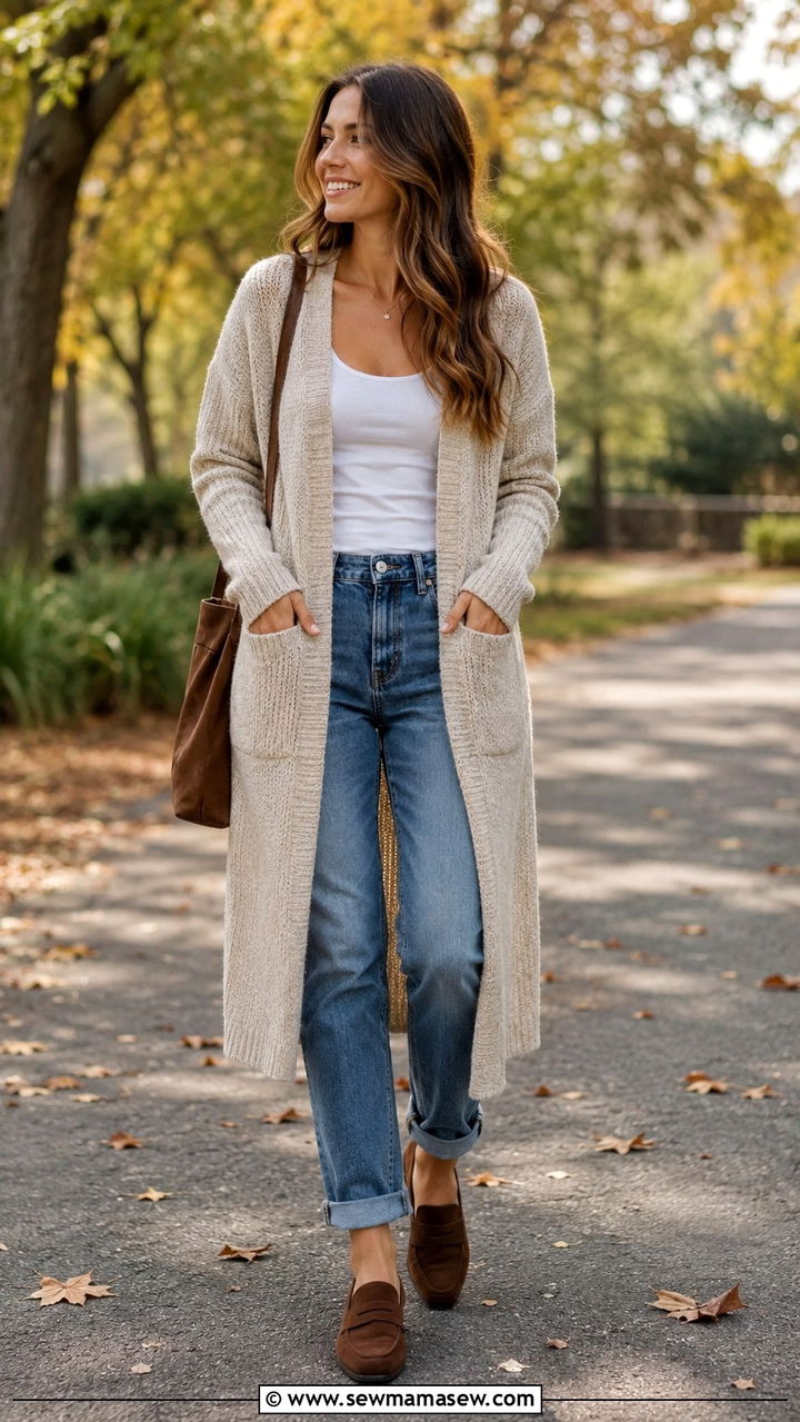 Penny loafers with long cardigan and jeans - 30 How to style penny loafers