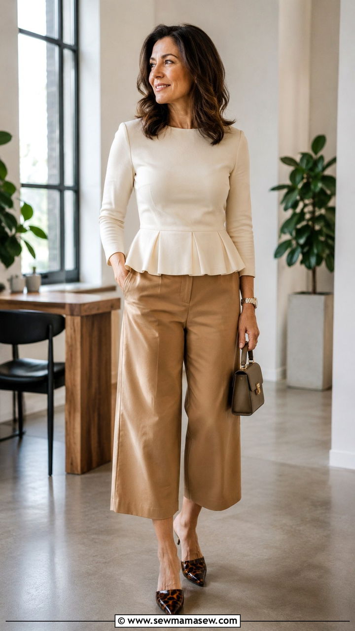 Peplum Blouse With Cropped Culottes Outfit - 20 Outfit ideas for inverted triangle over 40