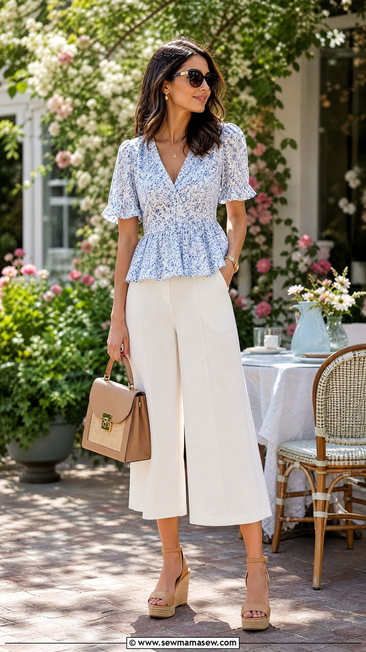 Peplum Blouse With Culottes And Wedges - 30 Sunday brunch outfit ideas for women