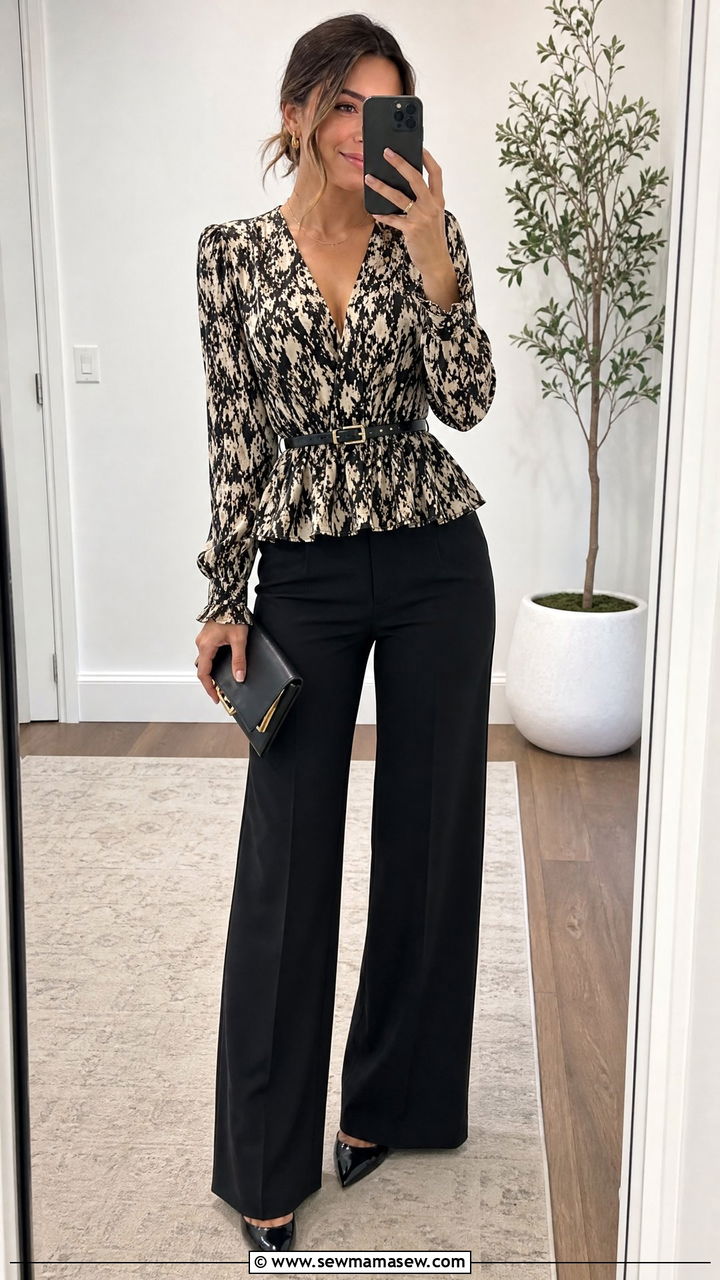 Peplum Blouse with Wide Leg Trousers - 25 Outfit ideas for small bust and wide hips