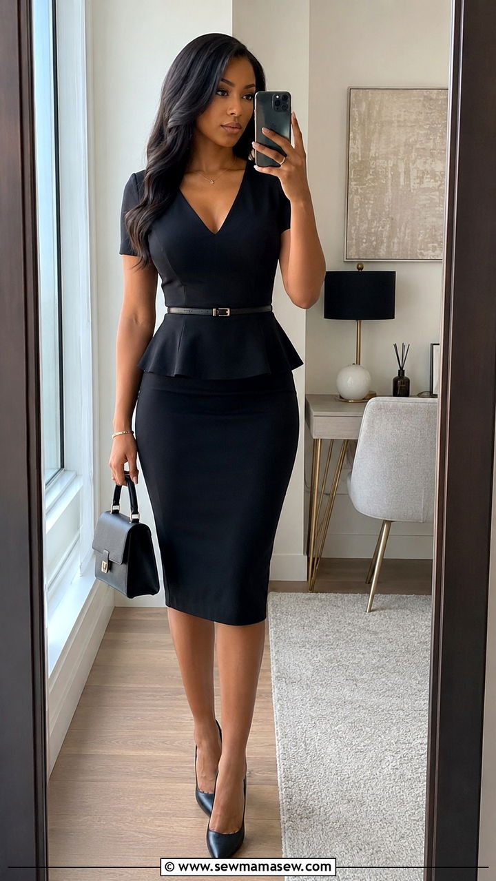 Peplum Hem Blouse with Slim Pencil Skirt - 25 work outfits for short torso women