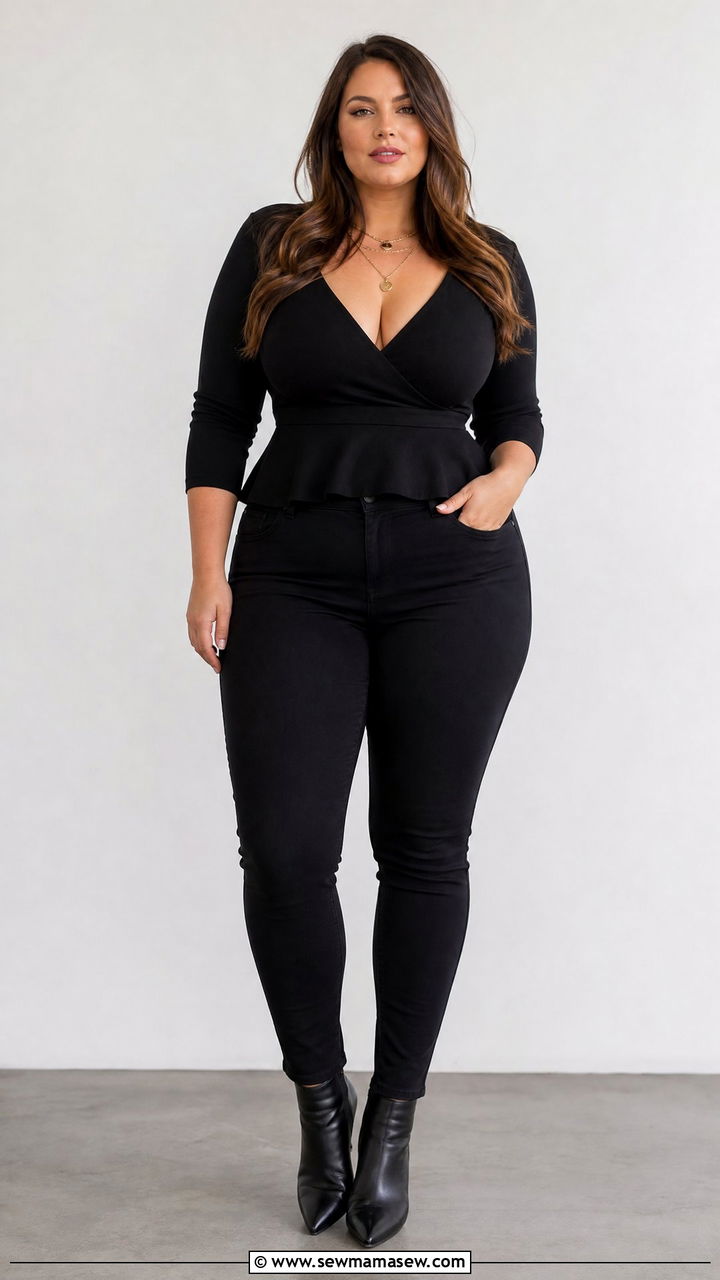 Peplum Knit Top With High Waisted Skinny Jeans - 25 casual outfits for women with big bust