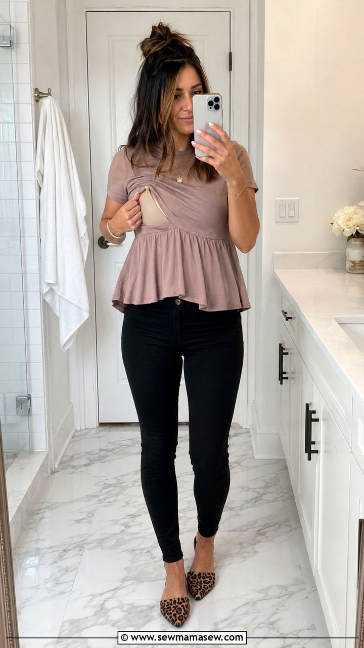 Peplum Nursing Top with Black Skinny Pants and Pointed Flats - 25 Pumping friendly work outfits