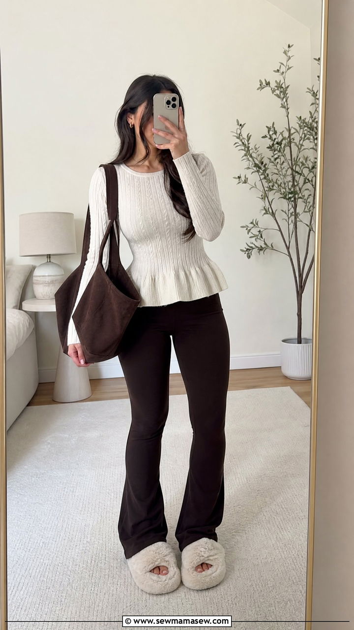Peplum Sweater With Flared Leggings And Furry Slippers - 25 cute fashion inspo outfits