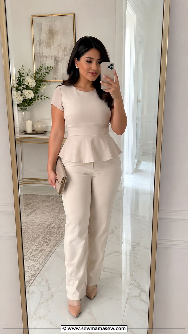 Peplum Top And Straight Leg Trousers Outfit - 30 Petite curvy outfit ideas