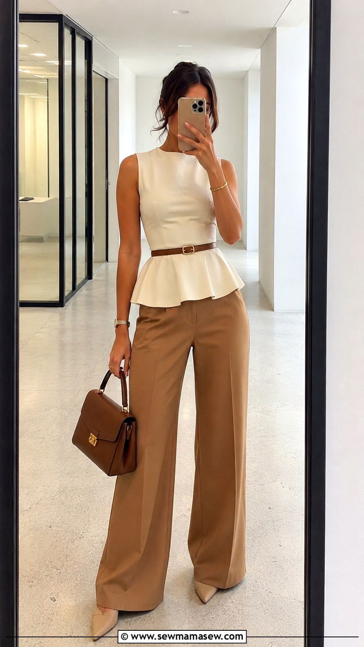 Peplum Top High Waisted Wide Leg Trousers - 25 Outfit ideas for athletic body feminine