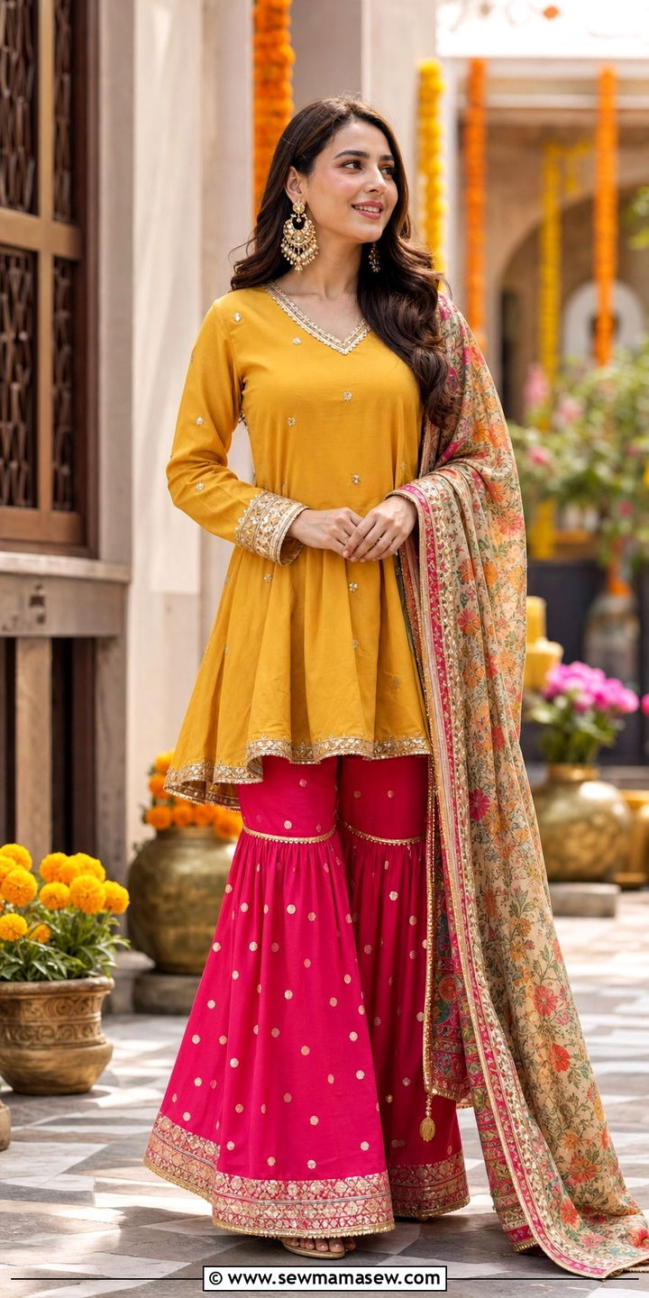 Peplum Top Set with Gharara and Dupatta - 25 Eid outfit ideas Pakistani